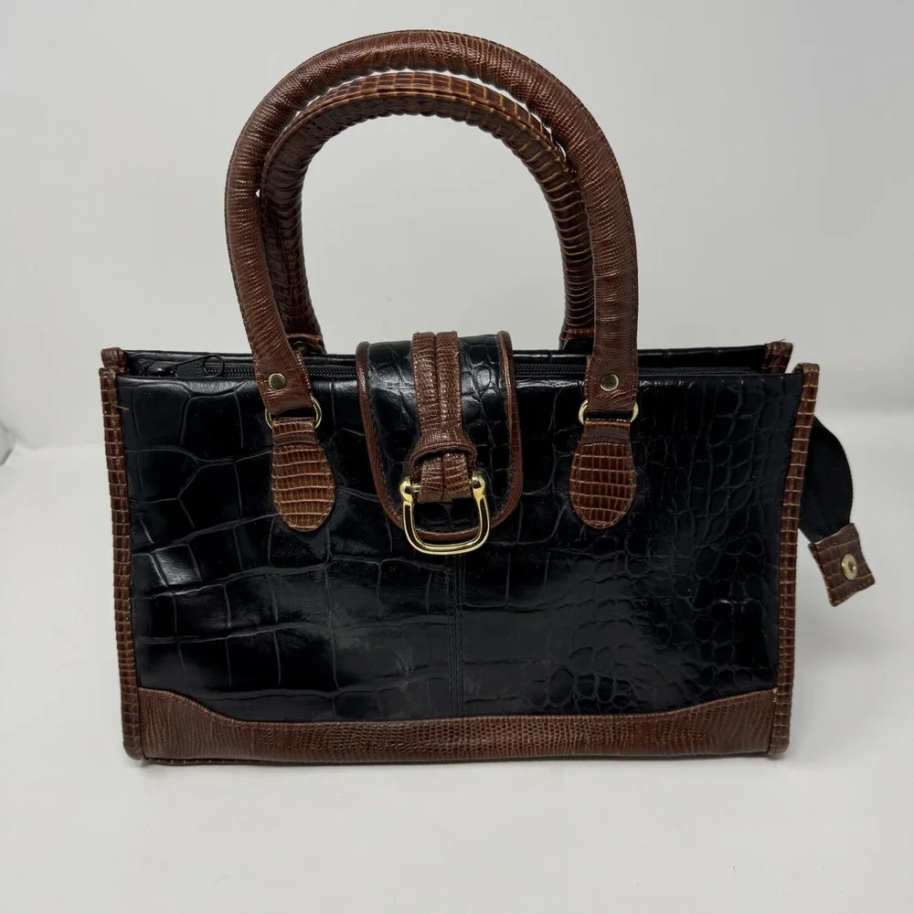 Crocodile Faux Leather‎ Satchel Handbag Womens Medium Black Top Handle Crossbody